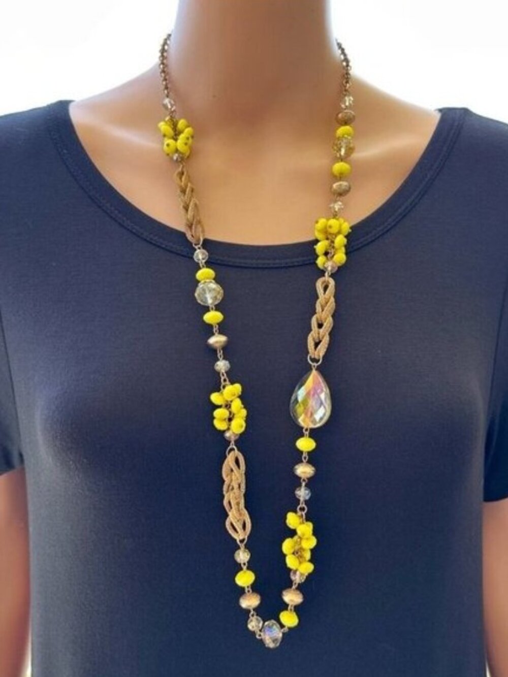 Long Necklace Gold Tone Yellow Beaded Chain Mixed Style Adjustable Length